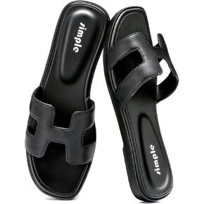الصنادل المسطحة للنساء - صندل جلدي H فتح إصبع القدم على Slides Sandals Women Summer Summer للإجازات ، أبيض أسود ، هدايا للسيدات 2025