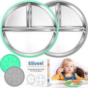 Stainless Steel Kids Plates, Stainless Steel Toddler Plate with Suction,2 Pack Divided Suction Plates for Baby, 9" Plates Removable Baby Snack Dishes,Non Toxic Toddler Plate,BPA Free & Dishwasher Safe