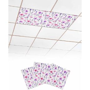 2 Pack Fluorescent Light Cover for Ceiling Lights, Pink Purple Blooming Floral Magnetic Classroom Light Filters 4x2 Feet, Summer Botanical Decorative Ceiling Shade Panel for Office