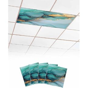 4 Pack Fluorescent Light Cover for Ceiling Lights, Turquoise Gold Marble Magnetic Classroom Light Filters 4x2 Feet, Abstract Simple Teal Geometric Decorative Ceiling Shade Panel for Office
