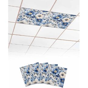 1 Pack Fluorescent Light Cover for Ceiling Lights, Blue Flower Magnetic Classroom Light Filters 4x2 Feet, Retro Modern Graffiti Art Paint Botanicals Decorative Ceiling Shade Panel for Office