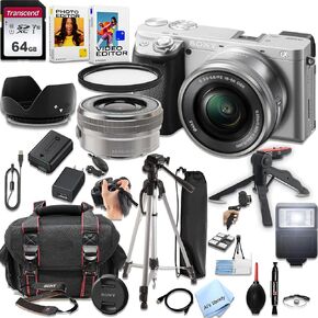 Sony a6400 (Silver) Mirrorless Camera with 16-50mm Lens + 64GB Memory, Filters,Case, Tripod, Flash, and More (28pc Bundle) (Renewed)