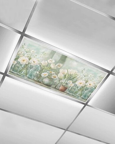 1 Pack Fluorescent Light Cover for Ceiling Lights, Green Spring Floral Magnetic Classroom Light Filters 4x2 Feet, Watercolor Summer Flowers Tulip Decorative Ceiling Shade Panel for Office in Saudi Arabia