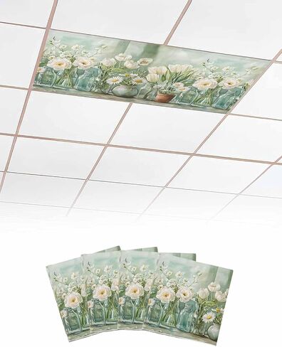 1 Pack Fluorescent Light Cover for Ceiling Lights, Green Spring Floral Magnetic Classroom Light Filters 4x2 Feet, Watercolor Summer Flowers Tulip Decorative Ceiling Shade Panel for Office in Saudi Arabia