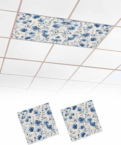 2 Pack Fluorescent Light Cover for Ceiling Lights, Blue Flower Magnetic Classroom Light Filters 4x2 Feet, Watercolor Floral Botanicals Tree Branch Decorative Ceiling Shade Panel for Office in Saudi Arabia