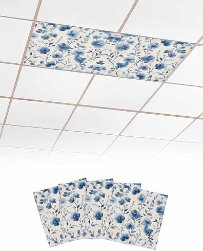 2 Pack Fluorescent Light Cover for Ceiling Lights, Blue Flower Magnetic Classroom Light Filters 4x2 Feet, Watercolor Floral Botanicals Tree Branch Decorative Ceiling Shade Panel for Office in Saudi Arabia