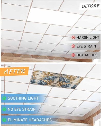 2 Pack Fluorescent Light Cover for Ceiling Lights, Navy Blue Brown Magnetic Classroom Light Filters 4x2 Feet, Vintage Elegant Botanical Palm Leaves Decorative Ceiling Shade Panel for Office in Saudi Arabia