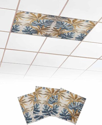 2 Pack Fluorescent Light Cover for Ceiling Lights, Navy Blue Brown Magnetic Classroom Light Filters 4x2 Feet, Vintage Elegant Botanical Palm Leaves Decorative Ceiling Shade Panel for Office in Saudi Arabia