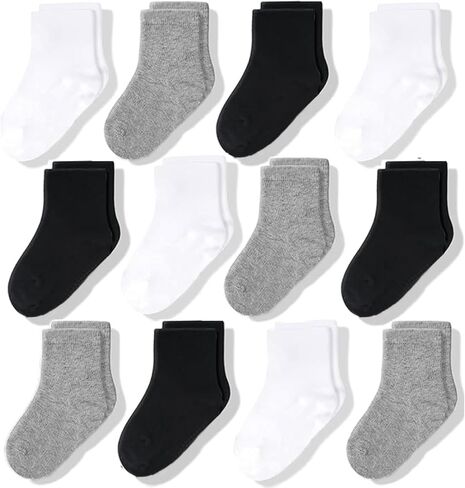 CozyWay Baby & Toddler Socks Crew Comfy Cotton Socks For Girls and Boys Babies Soft & Breathable Infant 0-6 Months Black White Gray 12 Pack in Kuwait