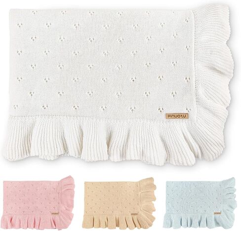 Cotton Pointelle Knitted Baby Blanket with Ruffle Trim, 40x31 Inches, Soft & Cozy for Newborns & Toddlers, Ideal for Swaddling, Crib & Stroller, Elegant Gift Box for All Seasons(White) in Saudi Arabia