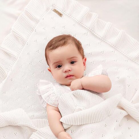 Cotton Pointelle Knitted Baby Blanket with Ruffle Trim, 40x31 Inches, Soft & Cozy for Newborns & Toddlers, Ideal for Swaddling, Crib & Stroller, Elegant Gift Box for All Seasons(White) in Saudi Arabia