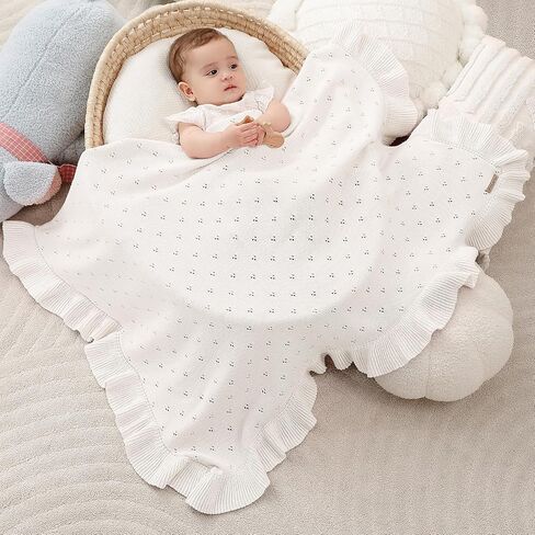 Cotton Pointelle Knitted Baby Blanket with Ruffle Trim, 40x31 Inches, Soft & Cozy for Newborns & Toddlers, Ideal for Swaddling, Crib & Stroller, Elegant Gift Box for All Seasons(White) in Saudi Arabia