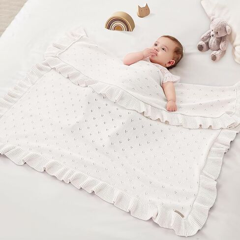 Cotton Pointelle Knitted Baby Blanket with Ruffle Trim, 40x31 Inches, Soft & Cozy for Newborns & Toddlers, Ideal for Swaddling, Crib & Stroller, Elegant Gift Box for All Seasons(White) in Saudi Arabia