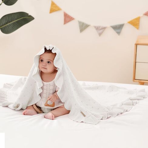 Cotton Pointelle Knitted Baby Blanket with Ruffle Trim, 40x31 Inches, Soft & Cozy for Newborns & Toddlers, Ideal for Swaddling, Crib & Stroller, Elegant Gift Box for All Seasons(White) in Saudi Arabia