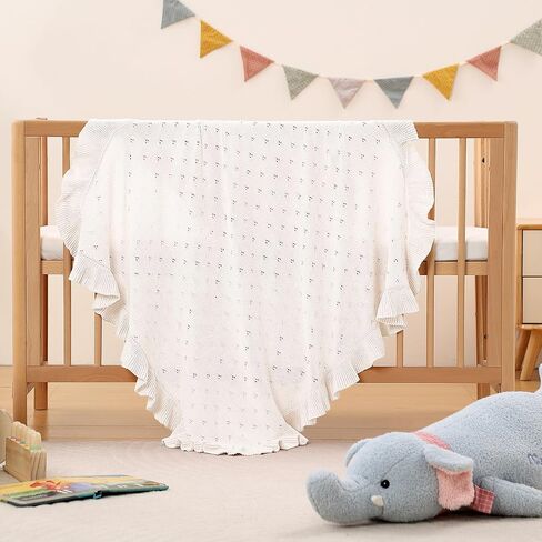 Cotton Pointelle Knitted Baby Blanket with Ruffle Trim, 40x31 Inches, Soft & Cozy for Newborns & Toddlers, Ideal for Swaddling, Crib & Stroller, Elegant Gift Box for All Seasons(White) in Saudi Arabia