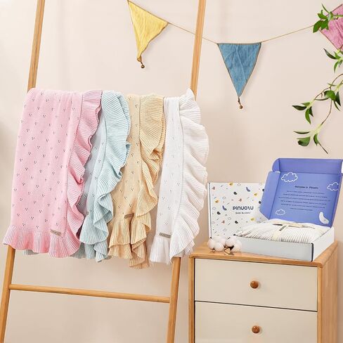 Cotton Pointelle Knitted Baby Blanket with Ruffle Trim, 40x31 Inches, Soft & Cozy for Newborns & Toddlers, Ideal for Swaddling, Crib & Stroller, Elegant Gift Box for All Seasons(White) in Saudi Arabia