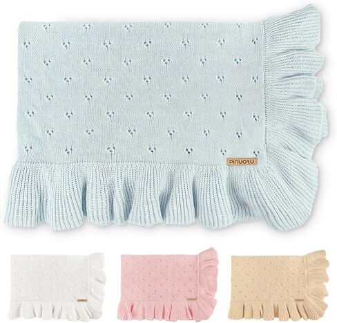 Cotton Pointelle Knitted Baby Blanket with Ruffle Trim, 40x31 Inches, Soft & Cozy for Newborns & Toddlers, Ideal for Swaddling, Crib & Stroller, Elegant Gift Box for All Seasons(White) in Saudi Arabia