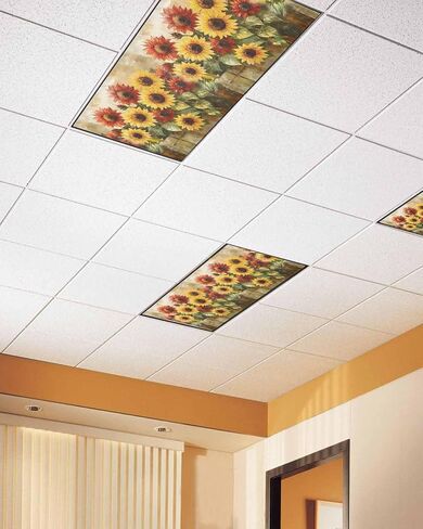 2 Pack Fluorescent Light Cover for Ceiling Lights, Summer Sunflowers Magnetic Classroom Light Filters 4x2 Feet, Farmhouse Oil Painting Red Yellow Floral Ceiling Shade Panel for Office in Saudi Arabia