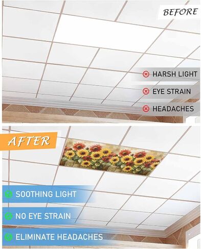 2 Pack Fluorescent Light Cover for Ceiling Lights, Summer Sunflowers Magnetic Classroom Light Filters 4x2 Feet, Farmhouse Oil Painting Red Yellow Floral Ceiling Shade Panel for Office in Saudi Arabia