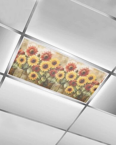 2 Pack Fluorescent Light Cover for Ceiling Lights, Summer Sunflowers Magnetic Classroom Light Filters 4x2 Feet, Farmhouse Oil Painting Red Yellow Floral Ceiling Shade Panel for Office in Saudi Arabia