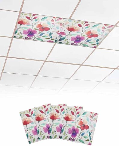 2 Pack Fluorescent Light Cover for Ceiling Lights, Colorful Floral Magnetic Classroom Light Filters 4x2 Feet, Abstract Art Botanical Leaves Decorative Ceiling Shade Panel for Office in Saudi Arabia