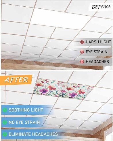 2 Pack Fluorescent Light Cover for Ceiling Lights, Colorful Floral Magnetic Classroom Light Filters 4x2 Feet, Abstract Art Botanical Leaves Decorative Ceiling Shade Panel for Office in Saudi Arabia
