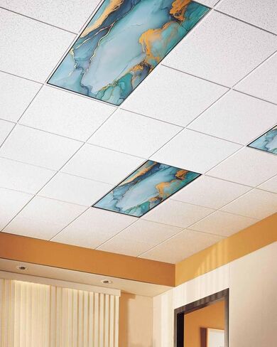 4 Pack Fluorescent Light Cover for Ceiling Lights, Turquoise Gold Modern Magnetic Classroom Light Filters 4x2 Feet, Abstract Teal Marble Geometric Decorative Ceiling Shade Panel for Office in Saudi Arabia
