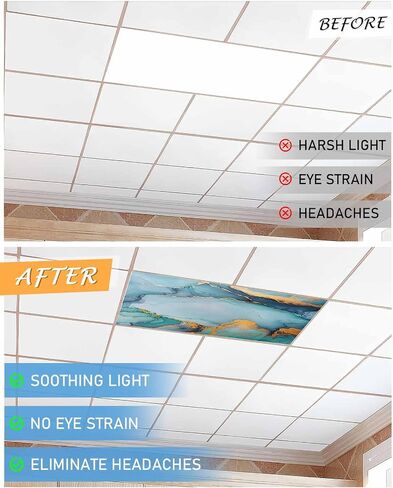 4 Pack Fluorescent Light Cover for Ceiling Lights, Turquoise Gold Modern Magnetic Classroom Light Filters 4x2 Feet, Abstract Teal Marble Geometric Decorative Ceiling Shade Panel for Office in Saudi Arabia