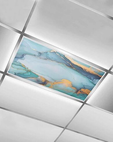 4 Pack Fluorescent Light Cover for Ceiling Lights, Turquoise Gold Modern Magnetic Classroom Light Filters 4x2 Feet, Abstract Teal Marble Geometric Decorative Ceiling Shade Panel for Office in Saudi Arabia