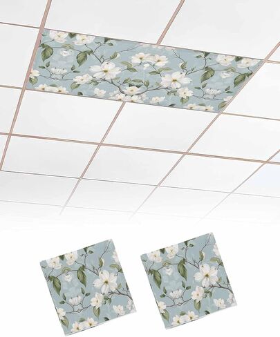 2 Pack Fluorescent Light Cover for Ceiling Lights, Elegant Floral Magnetic Classroom Light Filters 4x2 Feet, Watercolor Blue Garden Floral Spring Decorative Ceiling Shade Panel for Office in Saudi Arabia