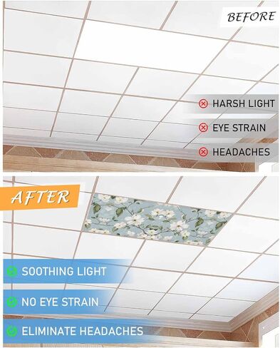 2 Pack Fluorescent Light Cover for Ceiling Lights, Elegant Floral Magnetic Classroom Light Filters 4x2 Feet, Watercolor Blue Garden Floral Spring Decorative Ceiling Shade Panel for Office in Saudi Arabia