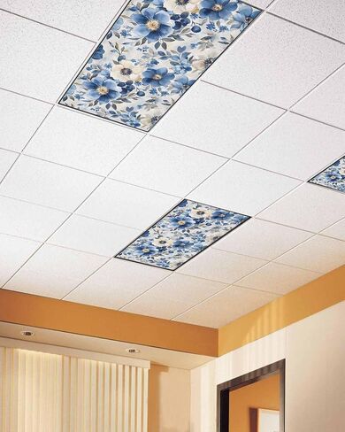 1 Pack Fluorescent Light Cover for Ceiling Lights, Blue Flower Magnetic Classroom Light Filters 4x2 Feet, Retro Modern Graffiti Art Paint Botanicals Decorative Ceiling Shade Panel for Office in Saudi Arabia