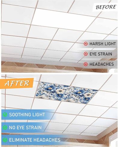 1 Pack Fluorescent Light Cover for Ceiling Lights, Blue Flower Magnetic Classroom Light Filters 4x2 Feet, Retro Modern Graffiti Art Paint Botanicals Decorative Ceiling Shade Panel for Office in Saudi Arabia