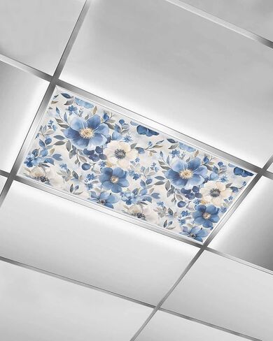 1 Pack Fluorescent Light Cover for Ceiling Lights, Blue Flower Magnetic Classroom Light Filters 4x2 Feet, Retro Modern Graffiti Art Paint Botanicals Decorative Ceiling Shade Panel for Office in Saudi Arabia