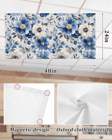 1 Pack Fluorescent Light Cover for Ceiling Lights, Blue Flower Magnetic Classroom Light Filters 4x2 Feet, Retro Modern Graffiti Art Paint Botanicals Decorative Ceiling Shade Panel for Office in Saudi Arabia