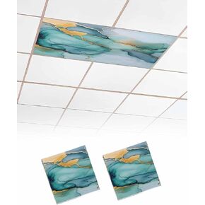 4 Pack Fluorescent Light Cover for Ceiling Lights, Turquoise Gold Marble Magnetic Classroom Light Filters 4x2 Feet, Modern Blue Teal Geometric Decorative Ceiling Shade Panel for Office