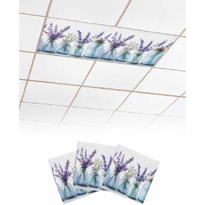 2 Pack Fluorescent Light Cover for Ceiling Lights, Spring Floral Magnetic Classroom Light Filters 4x2 Feet, Botanical Lavender Flower in Vase Decorative Ceiling Shade Panel for Office