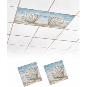 2 Pack Fluorescent Light Cover for Ceiling Lights, Blue Coastal Shell Magnetic Classroom Light Filters 4x2 Feet, Beach Summer Seaside Nautical Decorative Ceiling Shade Panel for Office