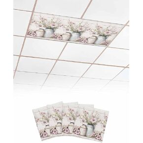 2 Pack Fluorescent Light Cover for Ceiling Lights, Pink Flower Magnetic Classroom Light Filters 4x2 Feet, Farm Floral Retro Oil Painting Modern Art Decorative Ceiling Shade Panel for Office