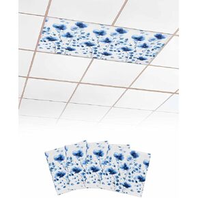 2 Pack Fluorescent Light Cover for Ceiling Lights, Seasonal Botanical Blooms Magnetic Classroom Light Filters 4x2 Feet, Blue Floral Watercolor Decorative Ceiling Shade Panel for Office