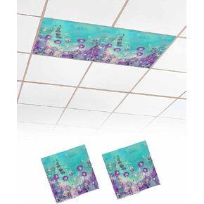 2 Pack Fluorescent Light Cover for Ceiling Lights, Purple Wildflower Magnetic Classroom Light Filters 4x2 Feet, Botanical Watercolor Floral Plant Decorative Ceiling Shade Panel for Office