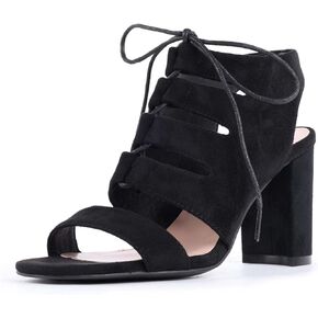 perixir Women's Black Heeled Sandals With Lace Up And Peep Toe Elegant Block High Heel Sandal For Women Fashion Dress Strappy Heels Womens Comfortable Shoes For Wedding Office Party