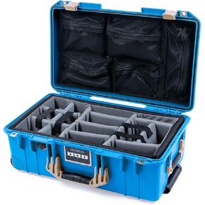 Pelican Air 1535 Carry-on Case by ColorCase - Electric Blue - Medium Size Waterproof Case with Gray Padded Microfiber Dividers & Mesh Lid Organizer - Blue Handles & Latches