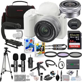 Sony ZV-E10 II Mirrorless Camera with 16-50mm Lens (White) Bundle + Wireless Microphone System + Accessory Package Including 64GB Extreme Memory, U-Grip, Case, Tripod, Software and More (30 Items)