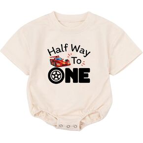 Race Car Print Bodysuit – Half Way To One First Birthday, Soft Romper for Baby Bodysuit, 1/2st Birthday Romper, Gift For Baby Boys