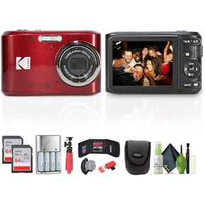 Kodak Pixpro FZ45 Digital Camera (Red) Bundle Including: 2X 64 GB Memory Card, Rechargeable Batteries, Camera Case, Flexible Tripod, Card Reader, Card Wallet, Hand Strap, Full Cleaning Kit