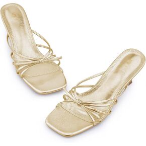 Allegra K Women's Square Toe Strappy Slip on Kitten Heel Sandals