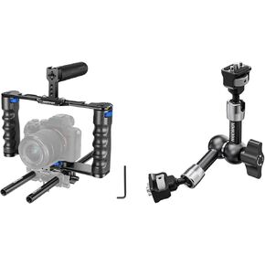 NEEWER Aluminum Alloy Camera Cage, Filmmaking Rig with Top Handle, Dual Grips & Arca Type Base, 7" Articulating Magic Arm with 360° Ball Heads & Locating Pins for ARRI Included
