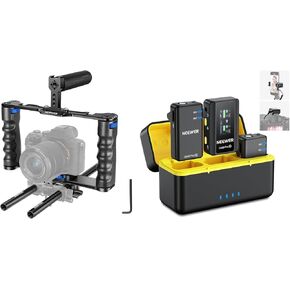 NEEWER Aluminum Alloy Camera Cage, Filmmaking Rig with Top Handle, Dual Grips & Arca Type Base, CM28 PRO Wireless Lavalier Lapel Microphone System with Charging Case Included