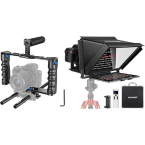 NEEWER Aluminum Alloy Camera Cage, Filmmaking Rig with Top Handle, Dual Grips & Arca Type Base, X12 Aluminum Teleprompter with RT-110 Remote Control Included